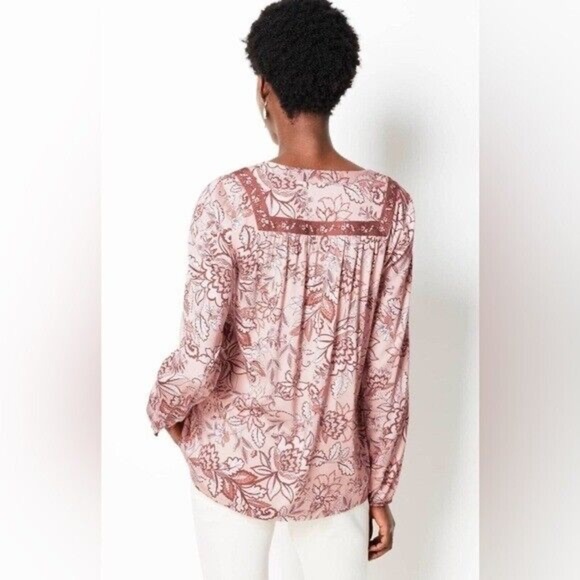 J Jill Floral Long Sleeve V-Neck Bohemian Peasant Contrast Light Pink Blouse Top - Picture 2 of 13